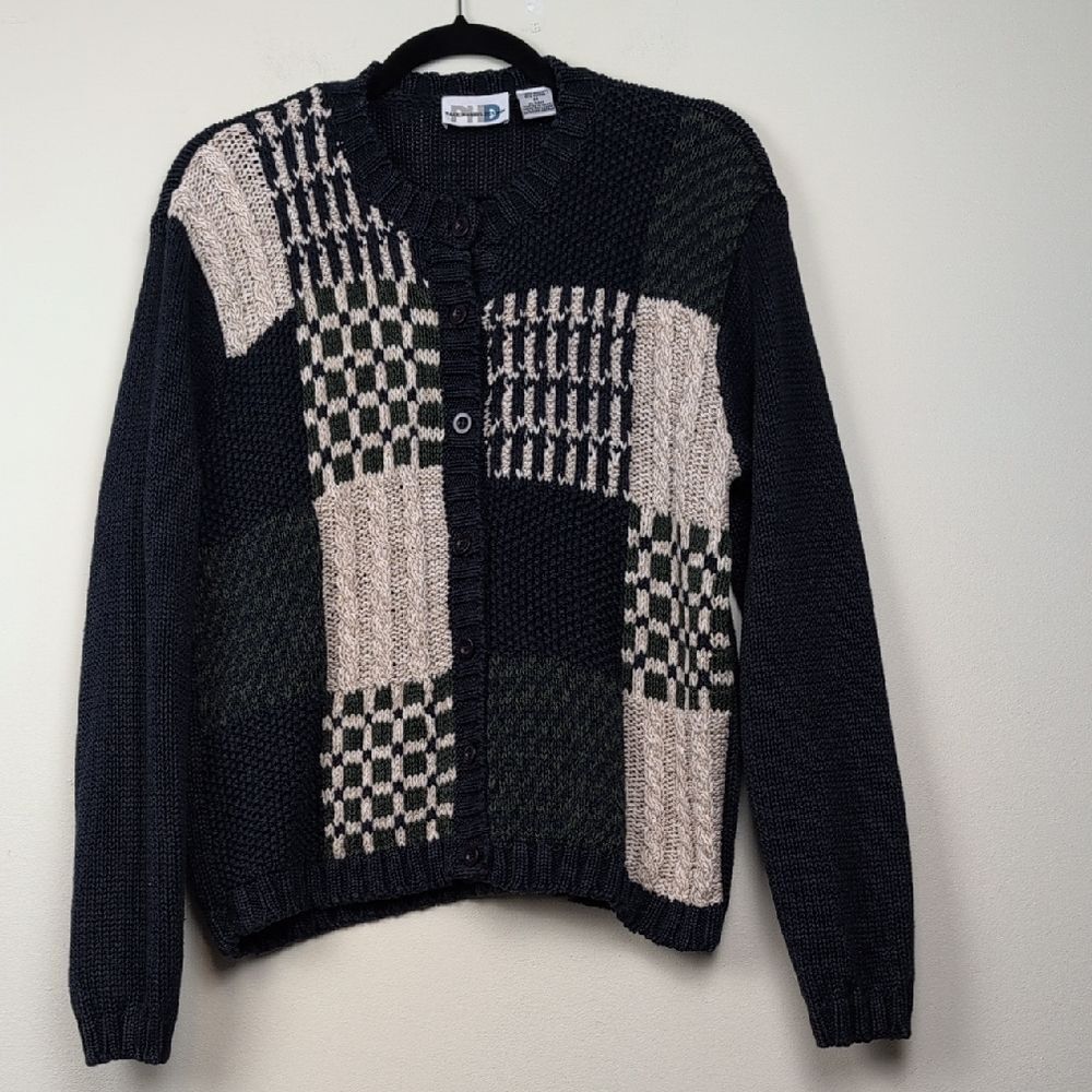 Vintage Paul Harris Design Patchwork Knit Cardigan Sweater Navy Size M